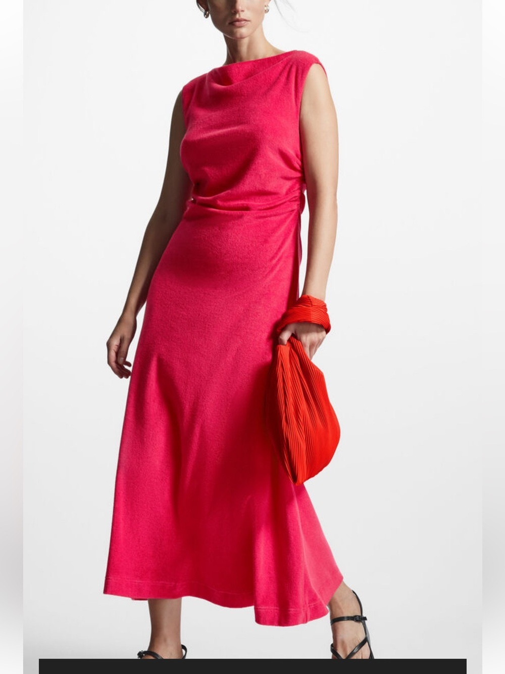 COS Bright Red Sleeveless Maxi Dress women S COWL-NECK TOWELLING soft Y2K event